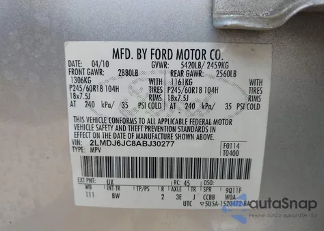 2010 Lincoln Mkx from USA, damaged, VIN 2LMDJ6JC8ABJ30277